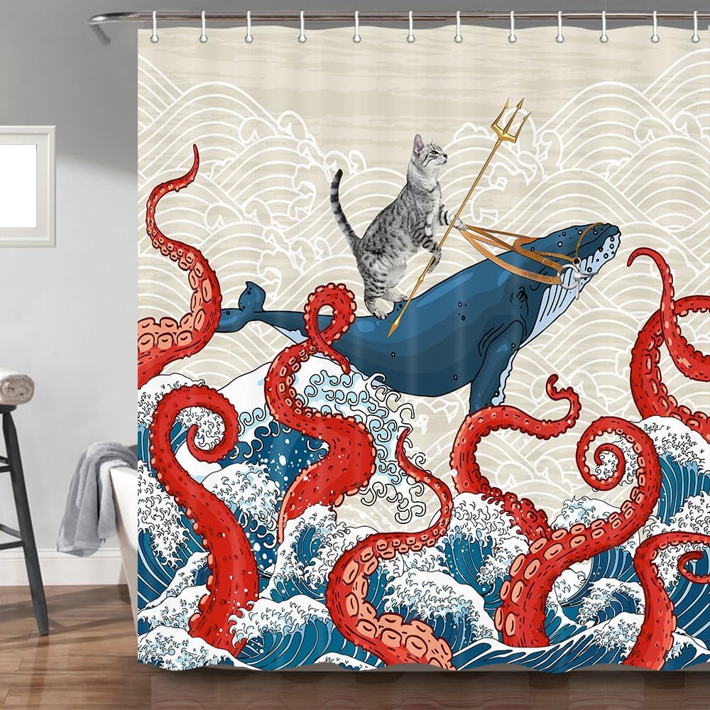 Funny Cat Whale Shower Curtain, Red Kraken Octopus Japanese Ocean Wave with Chinese Auspicious Clouds Shower Curtain with Hooks