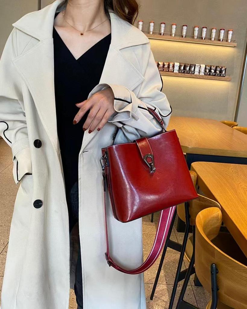 Korean Style Genuine Leather Double Strap Crossbody Bucket Bag