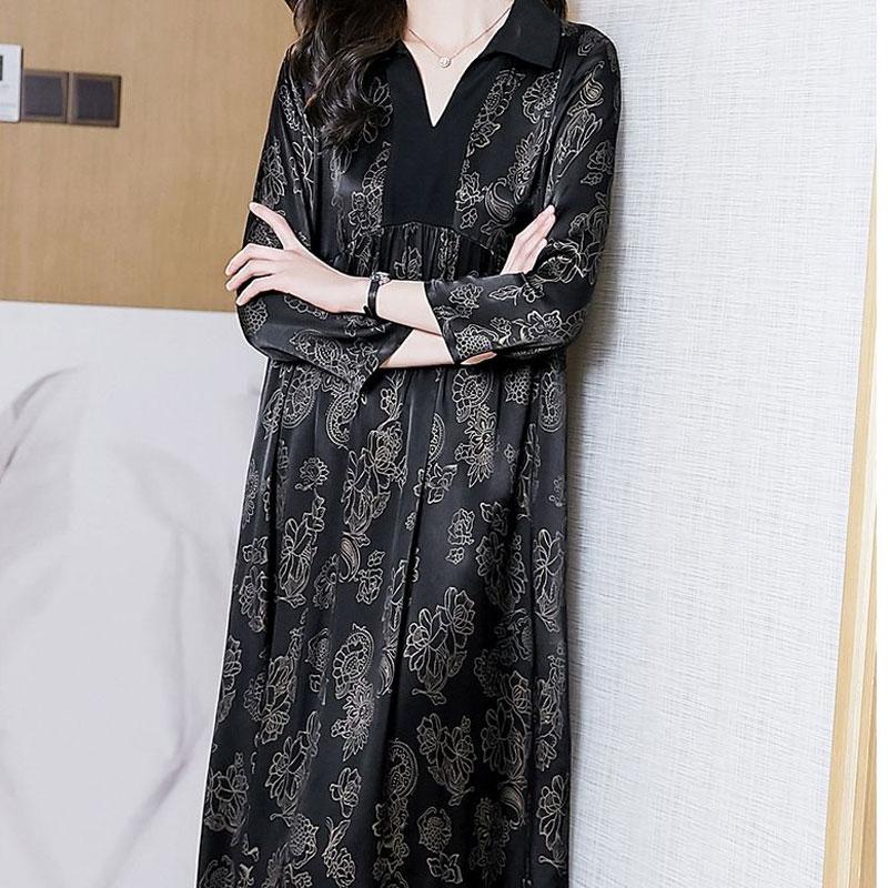 Casual Turn-down Collar Spliced Dresses Vintage Floral Printed Spring Summer 3/4 Sleeve Loose A-Line Long Dress