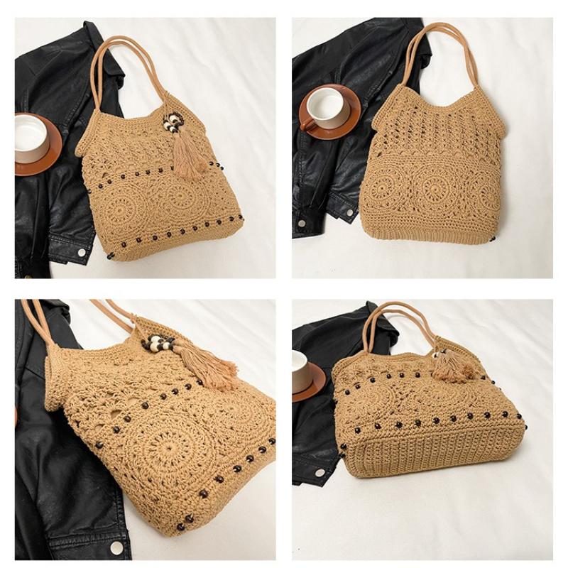 Bolso Tejido Hecho a Mano para Mujer, Bolso Sencillo de Viaje para Playa, Bolso de Hombro Único de Color Sólido con Cuentas Huecas y Borla