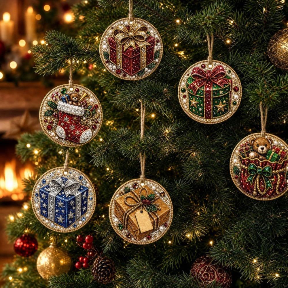 6Pcs Wooden Base Wooden Christmas Ornaments Set Art Xmas Hanging Decor Wall Decoration