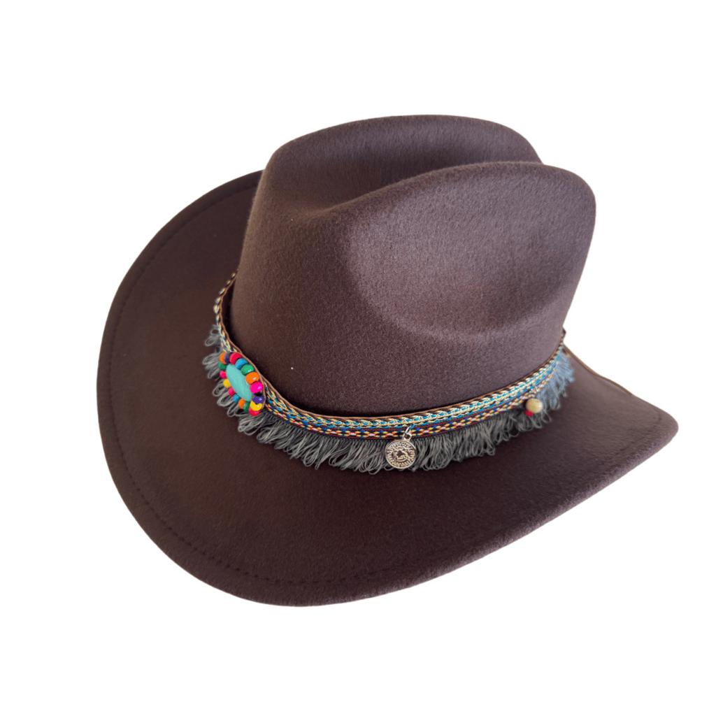 Ethnic style tassel one-word top western cowboy hat men's and women's woolen big-brimmed top hat travel big sun hat
