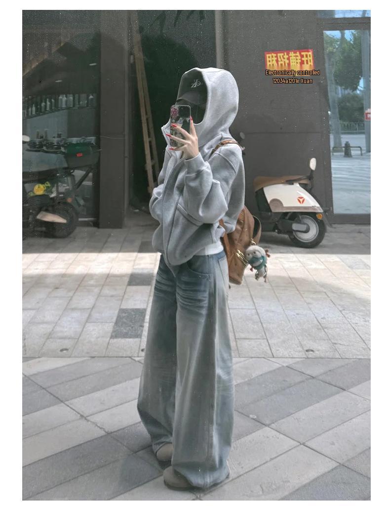 Women's Gray Sweatshirt Jacket - 2025 Early Autumn/Winter Korean-Style Petite Versatile Commuter Outfit