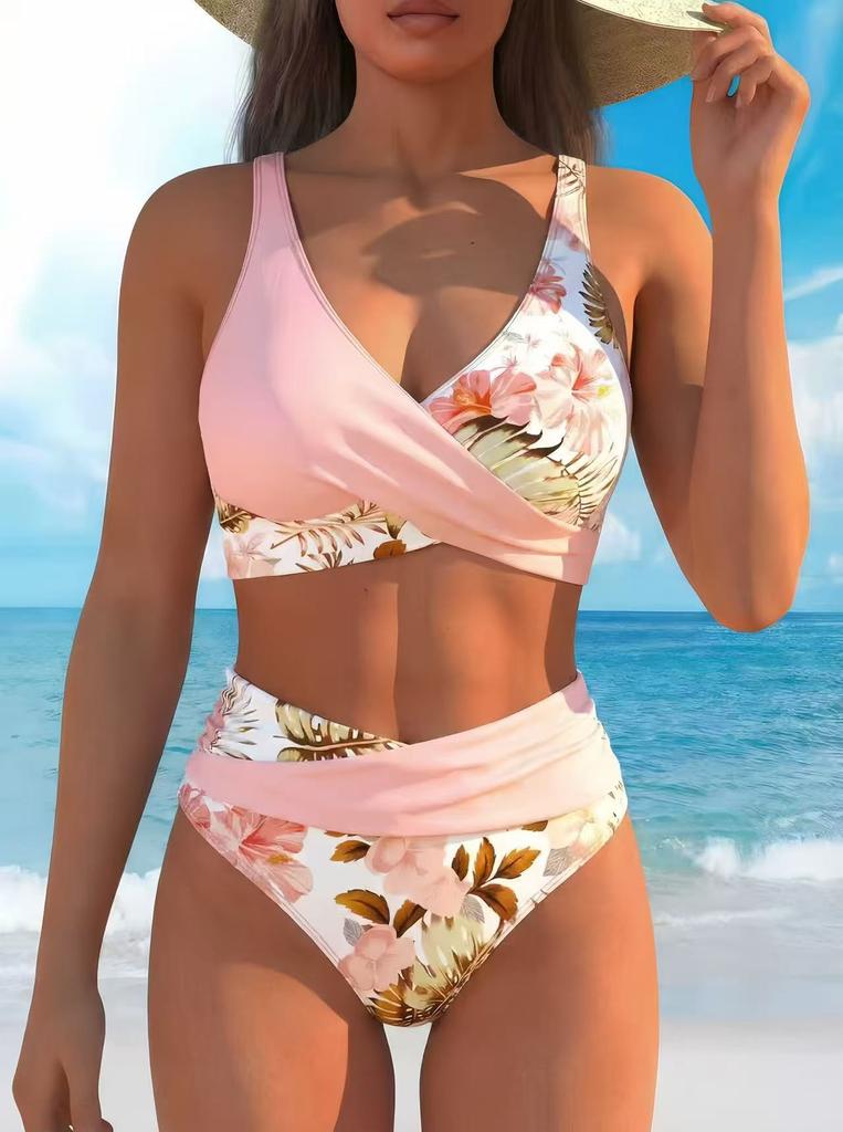 New Tropical Flower Plant Print Sexy Bikini Suit Vacation Casual Swimsuit Women