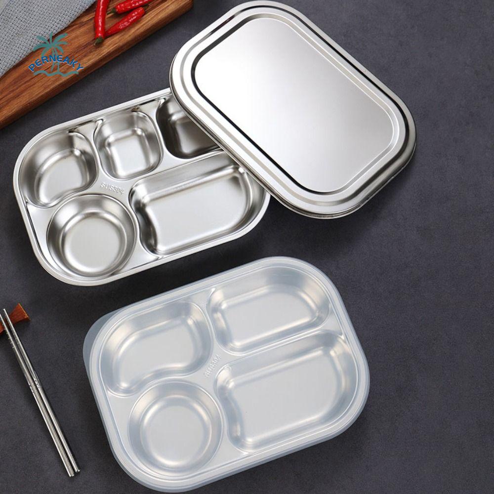 4/5-Compartments Divided Dinner Tray 304 Stainless Steel with Lid Divided Dinner Plate Deepened School Food Plate Canteen