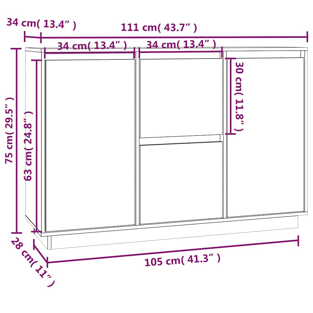 Sideboard Black 111 x 34 x 75 cm Solid Pine Wood