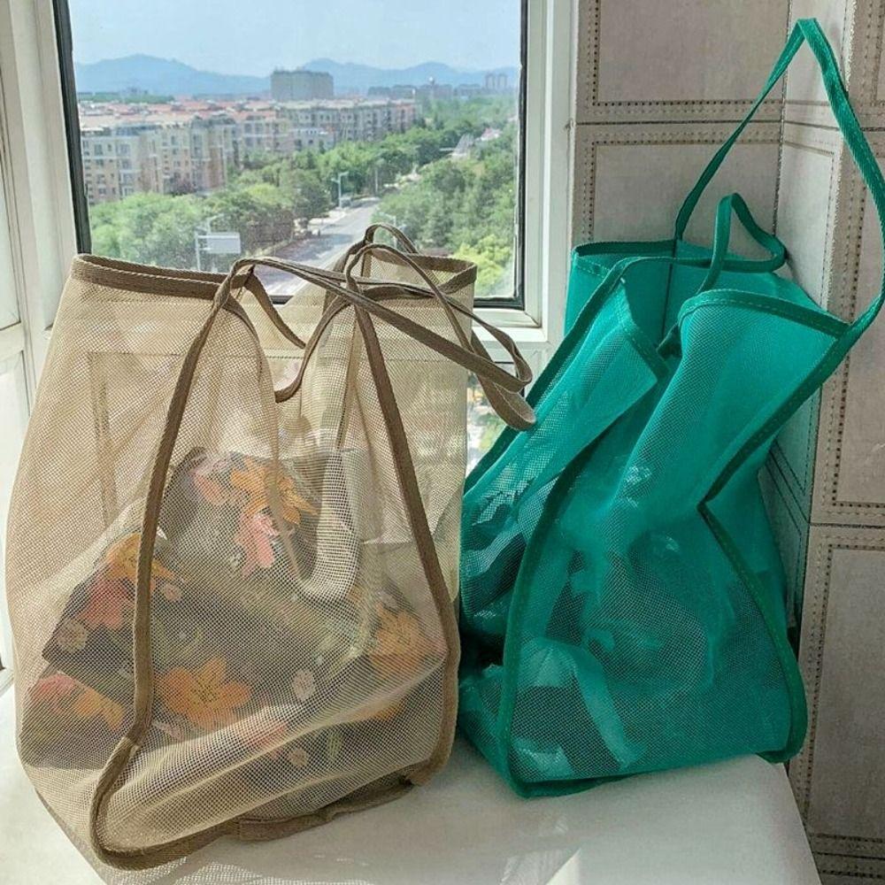 Portable INS Style Mesh Shoulder Bag Transparent Lightweight Mesh Tote Bag Versatile Large Capacity Portable Shopping Bag