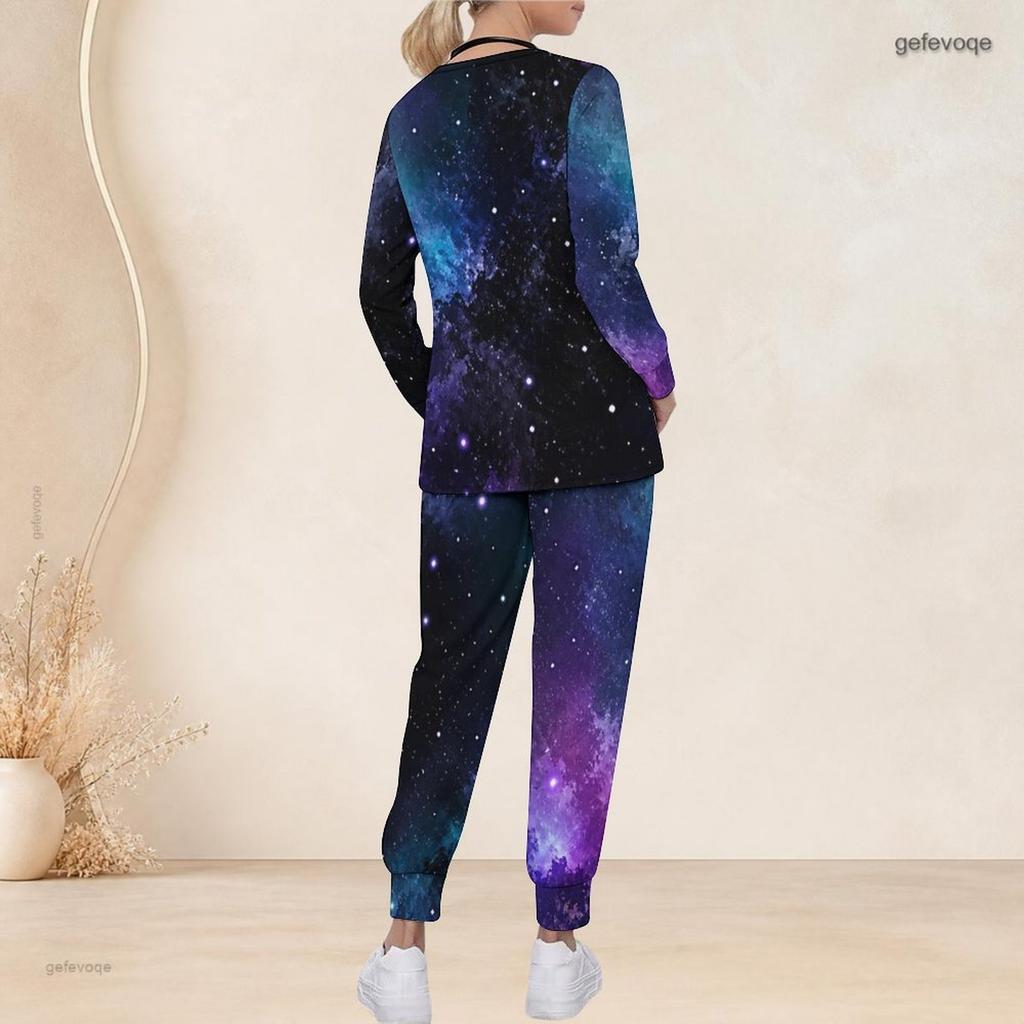 Women Plus Size V Neck Long Sleeve Scrub Set Purple Pink Cosmic Swirl Galaxy Print Nurse Uniform Set