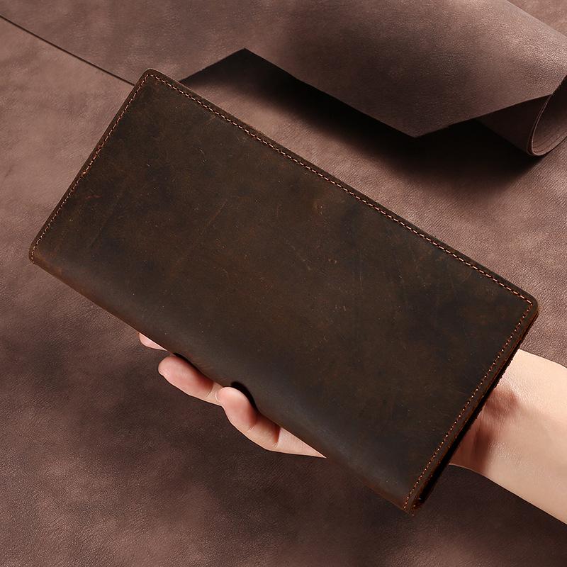 Vintage Crazy Horse Leather Long Wallet for Men, Genuine Leather, Tri-fold Wallet, Multifunctional Business First Layer Cowhide Clutch for Men
