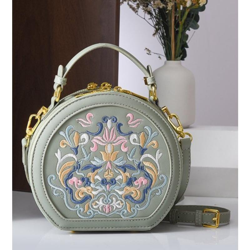 Vintage κέντημα στρογγυλή τσάντα ώμου, τσάντα χειρός με φερμουάρ, τσάντα κλασικής τάσης