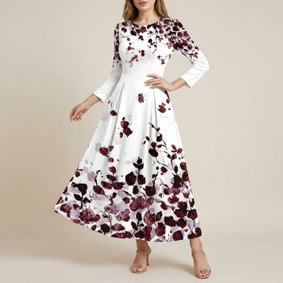 Women's Fashion Spring Fall Flower Pattern Print Long Sleeve O-Neck Middle Waistline Casual Dresses