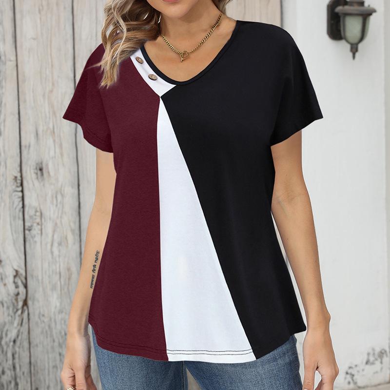 

2023 Summer Women s Color Block Print Loose Fit Short Sleeve T-Shirt S вино красного