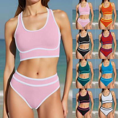 Seturi Bikini Damă Talie Înaltă Sportive Decolteu Rotund Costume de Baie Două Piese Blocuri de Culoare Seturi de Plajă Decupate Sus