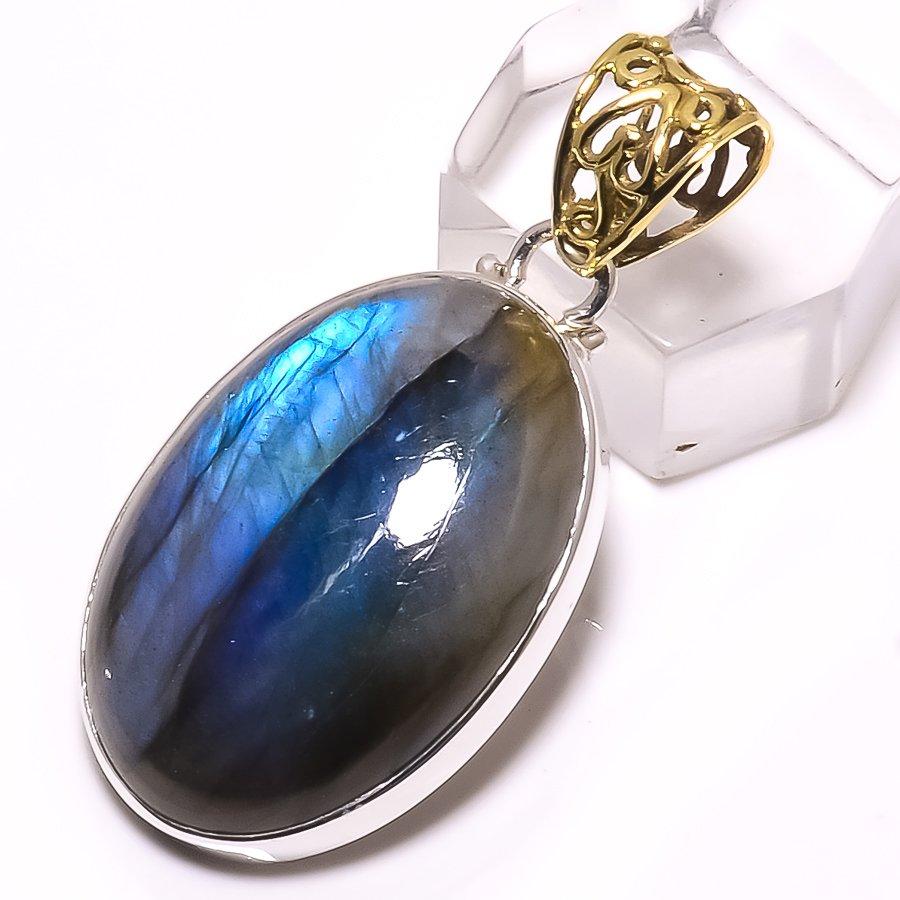 Natural Labradorite Gemstone 925 Sterling Silver Two Tone Pendant 1.73" d7K00
