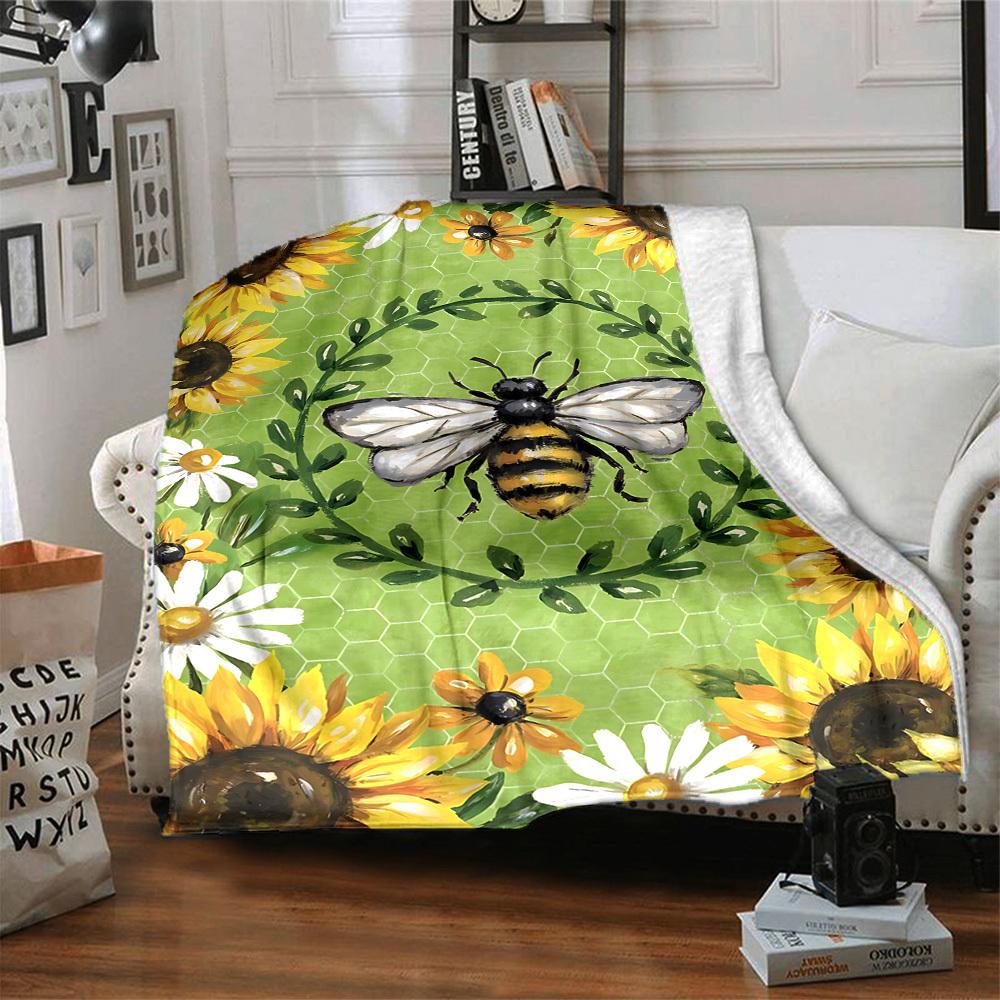 1pc Bee Sunflower Blanket, Lightweight Flannel Throw Blanket for Sofa, Bed, Travel, Camping, Living Room, Office, Couch, Chair, a0922074