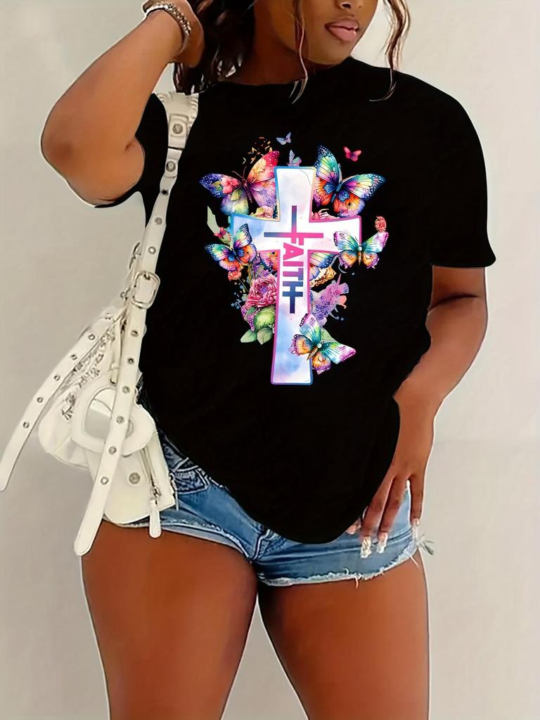 Faith Cross Butterfly Floral Print T-shirt