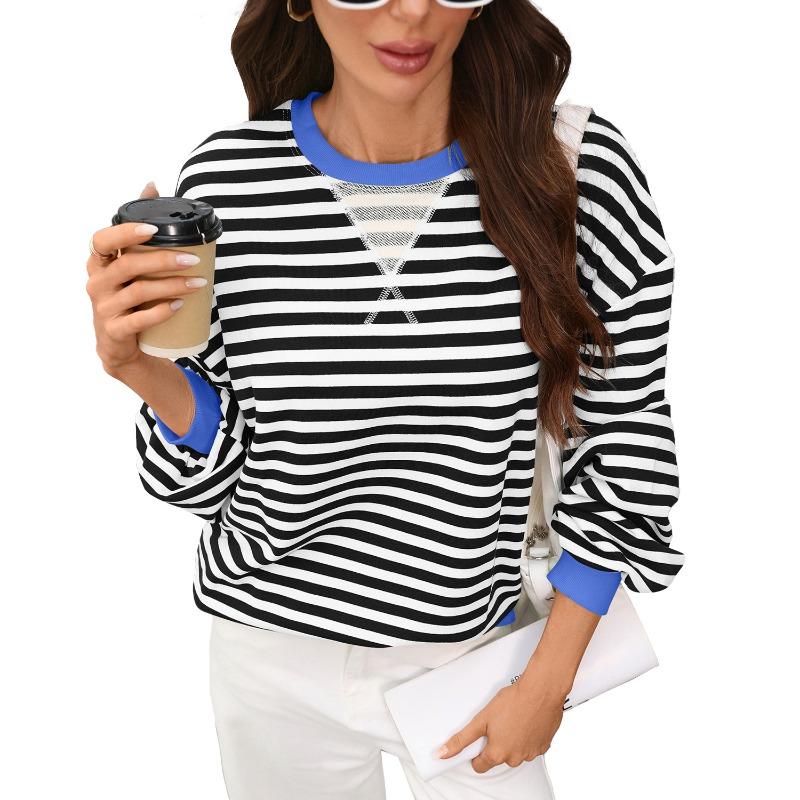 VEZFAA Women's Fashion Casual Spring Autumn Stripe Print Long Sleeve O-Neck Blouses & Shirts