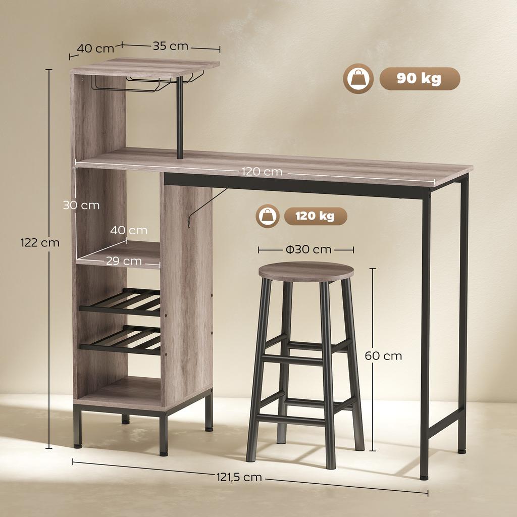 Bar Table and Stool Set, High Dining Table, 2 Bar Stools, Shelves, Wine Racks, Gray