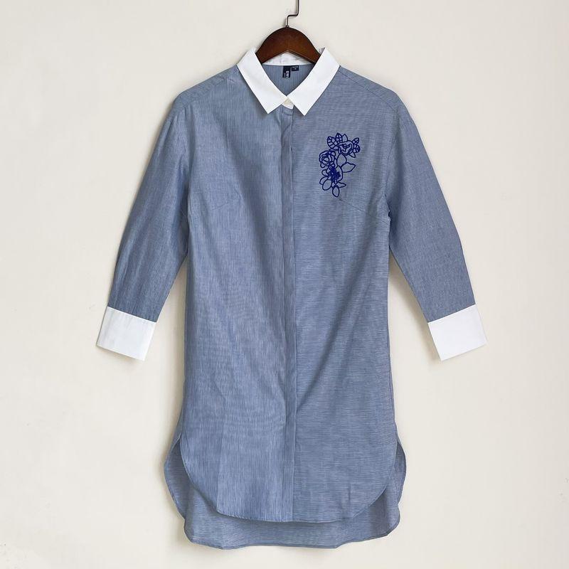 

Neckline Stylish Contrast Color Sweet Three-Quarter Length Sleeves Cardigan Dress French Stripes Slim Looking Women s Mid Length Long Length Shirt Blue Stripe 175 yards