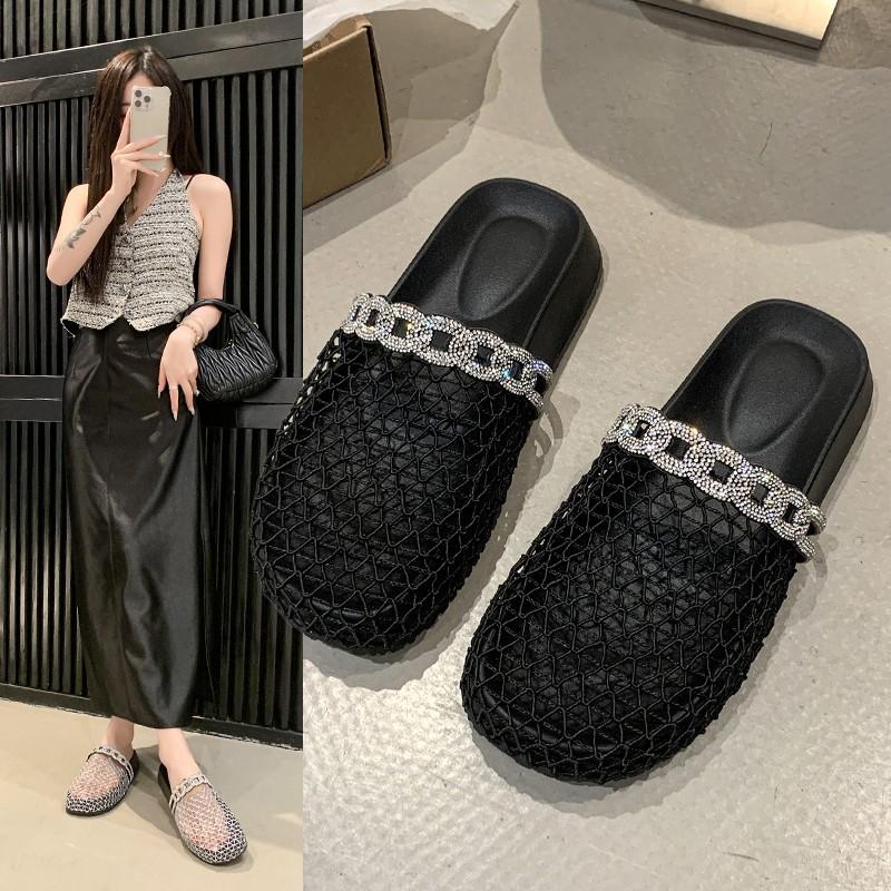 Design Sense Niche Baotou Sandals Women's 2025 New Summer Mesh Hollow Fashionable Rhinestone One Pedal Cool Slippers