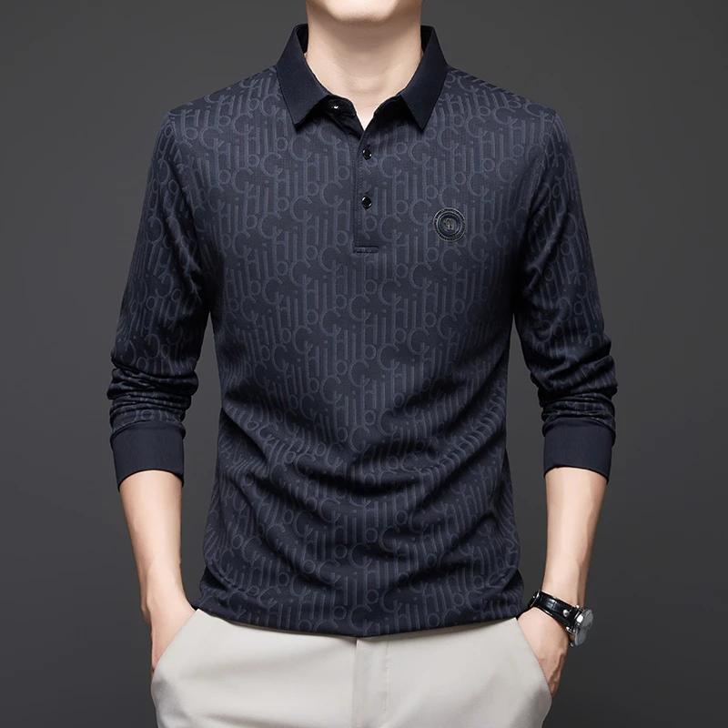 New Men'S Business Casual Long Sleeved Shirt With Badge Solid Color Polo Shirt Fashionable Breathable Comfortable Versatile Top