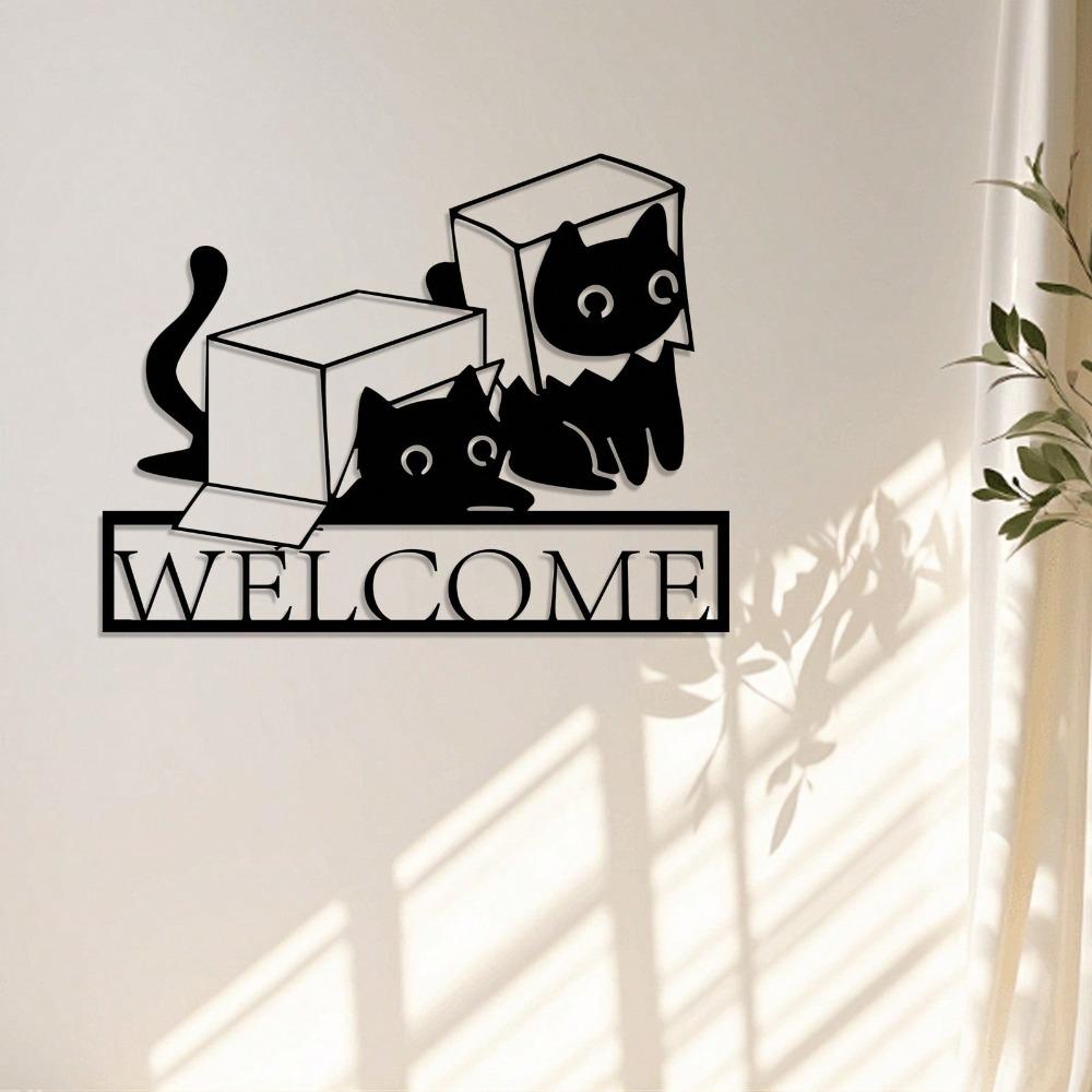 Cute Cat Metal Wall Sculpture Retro Welcome Sign for Garden Terrace Patio Country Home Decor Cat Lover Gift Halloween Christmas