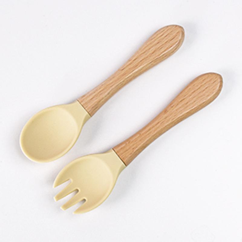 Silicone Wooden Handle Baby Fork & Spoon Set - Food Grade Training Utensils