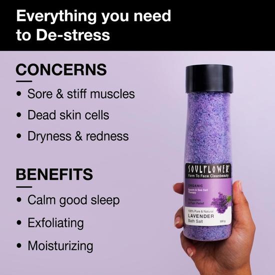 Soulflower Epsom Lavender Bath Salt for Body & Foot Spa, Calming, Relaxing, Muscle Pain Relief, Aromatherapy| Vitamin E, 500g (Pack of 1)