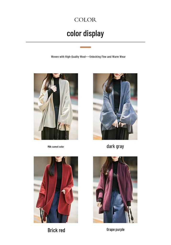 Women's 100% Wool V-neck Loose Knit Pullover Shawl - Solid Color Casual Sweater for Autumn/Winter