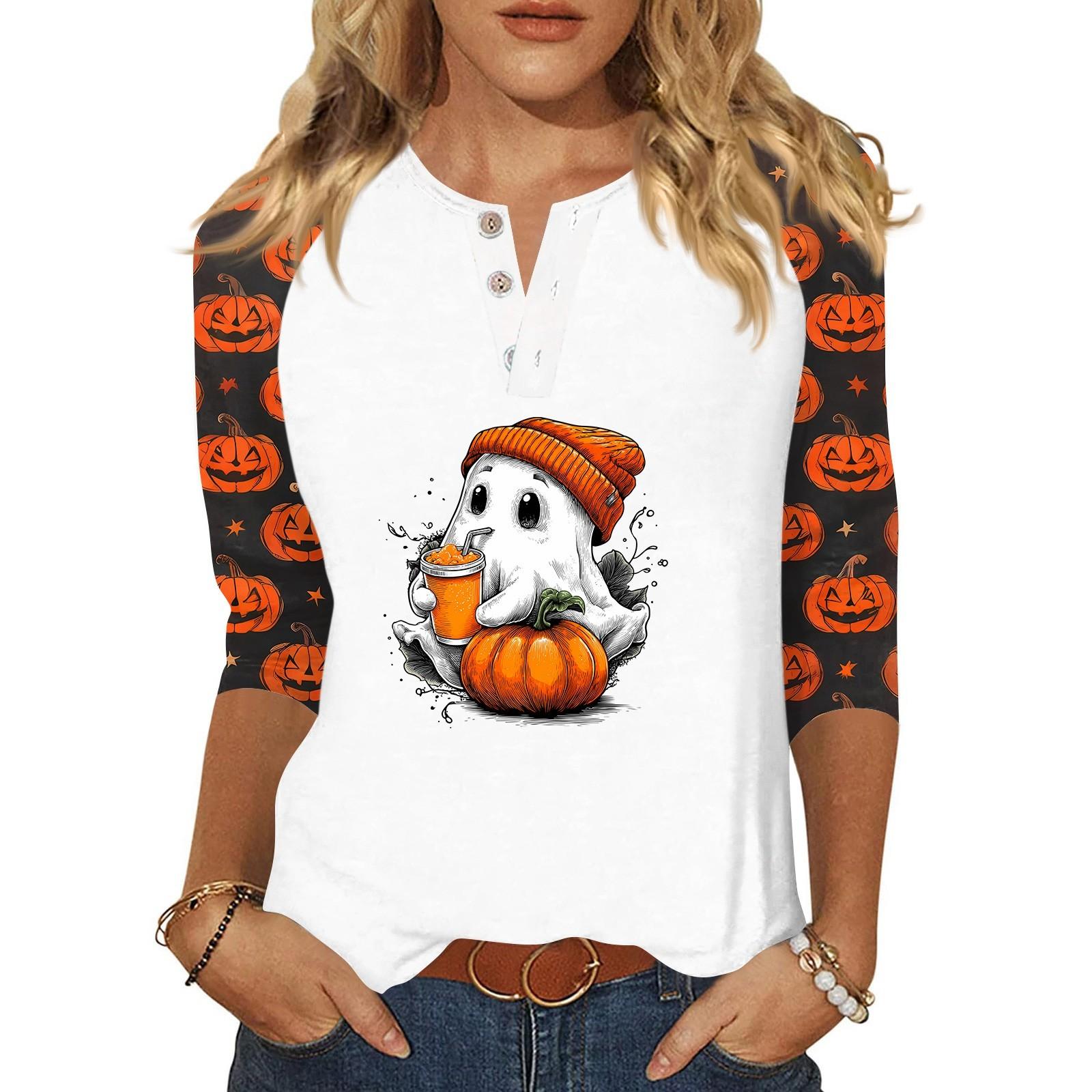 

Женская футболка с принтом на Хэллоуин, на пуговицах, рукав 3/4, повседневная мода на выходные, базовый топ с V-образным вырезом XL оранжевый