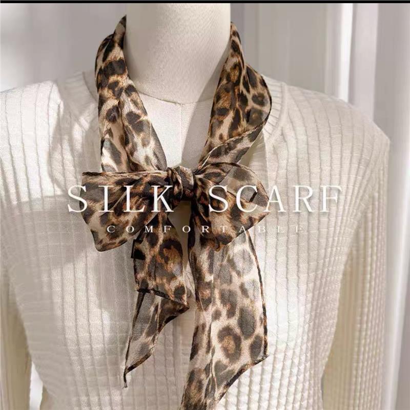 100% mulberry silk georgette 10 * 145 fashionable leopard print thin strip scarf women s summer streamer silk scarf Standard