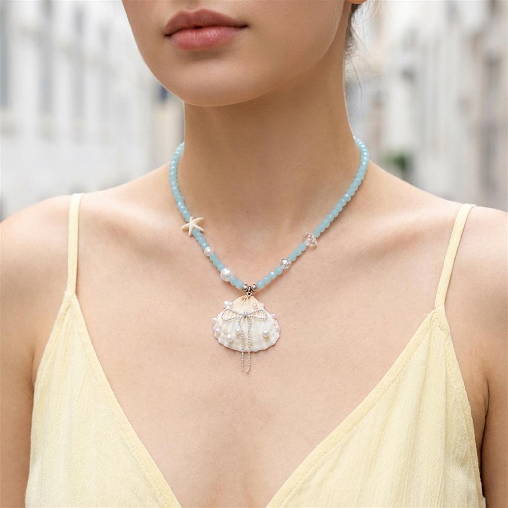 Unique Starfish Rope Braided Necklaces for Women Shell Imitation Pearl Bow Tassel Necklaces Delicate Summer Sweet Jewelry Gift