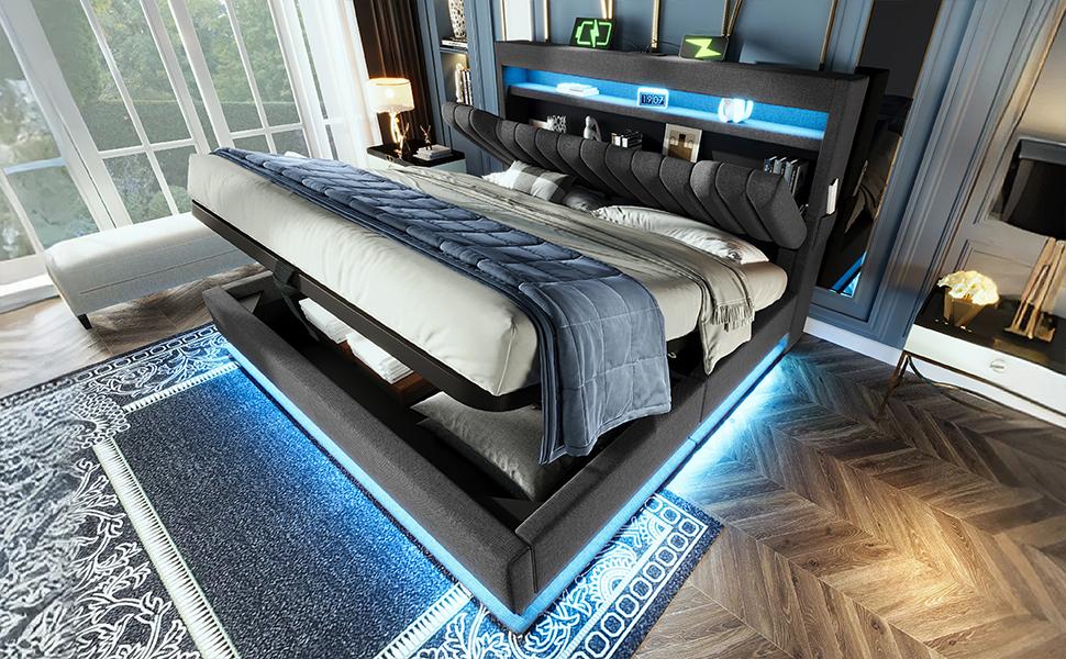 140x190cm Double Bed, Storage Headboard with USB and Type-C Ports, LED Lighting At Head and Foot, Hydraulic Storage, Grey, Linen. (without Mattress)
