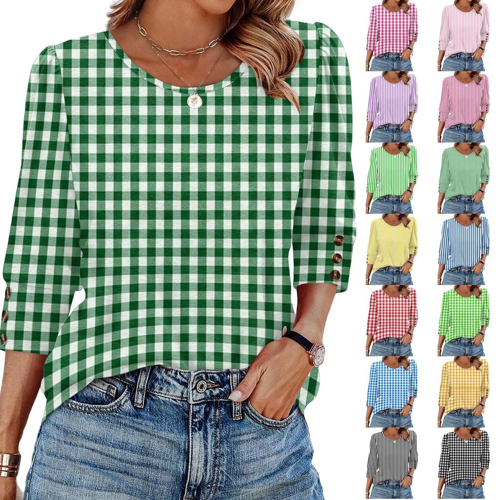 Women Casual Loose Fit Round Neck Three Quarter Sleeve Striped Blouse Button Detail Lightweight Top for Everyday Wear