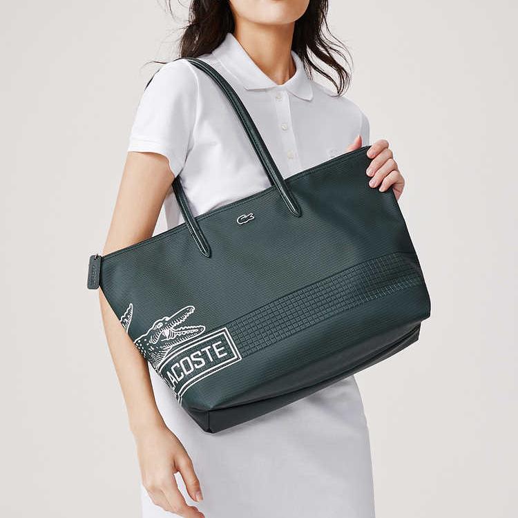 LACOSTE PVC Tote Bag, Shopping Bag, Shoulder Bag, Handbag Large Women's Dark Green NF4243SJ-K49