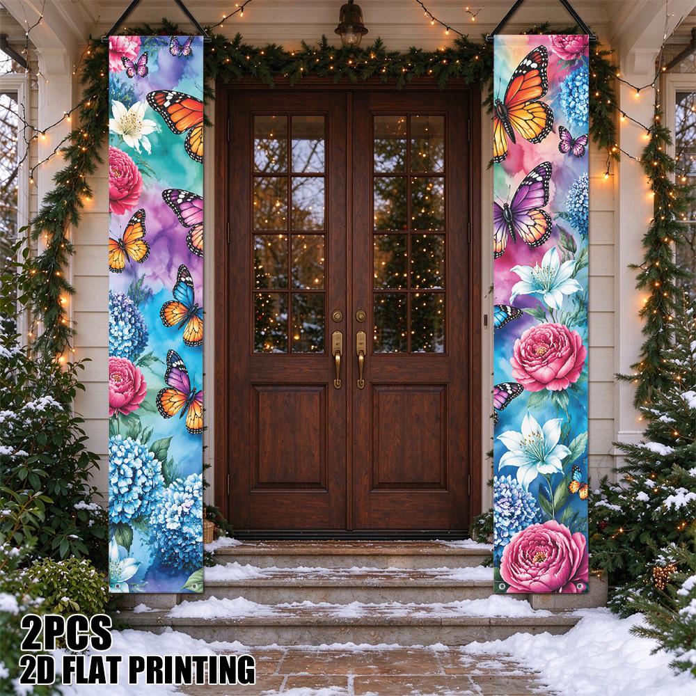2D Flat, 2pcs Colorful & Flower Hanging Banner with Chinese Couplet Door Sign - Fabric Suitable for Indoor/Outdoor Decoration, Front Door Yard Party D