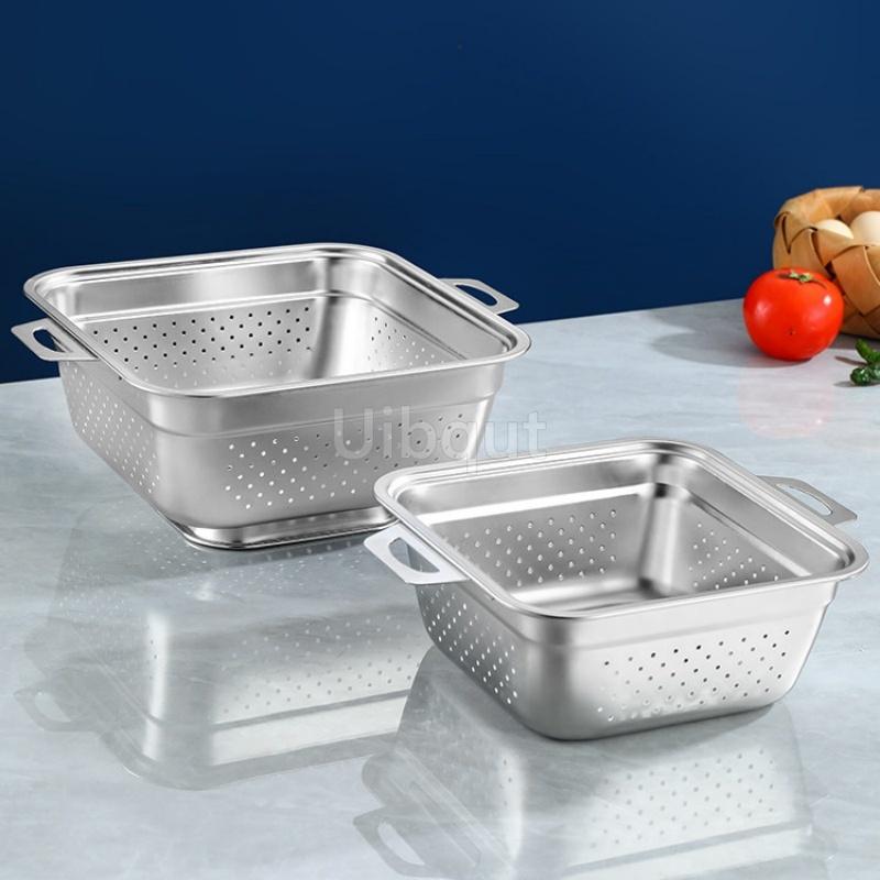 304 Stainless Steel Square Perforated Strainer Flat Bottom with Side Handles Colander for Washing Vegetables Marinating Tray