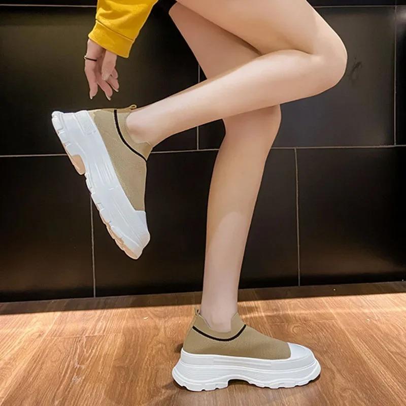 Thick Bottom Knitting Women's Vulcanize Shoes 2024 New Breathable Socks Shoes Casual Sneaker Slip on Tennis Non-slip Shoes Women