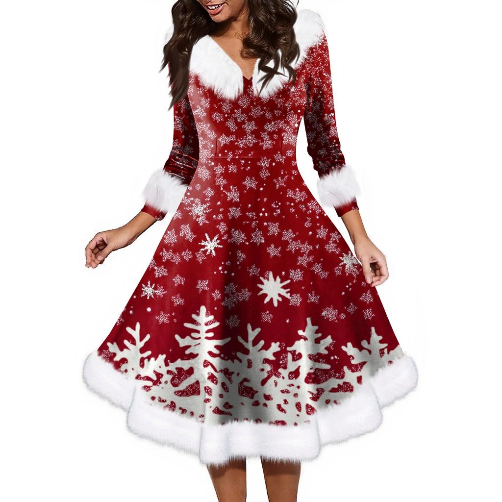 Women's Fashion V-neck Casual Fit Christmas Print Party Long Sleeve Dress