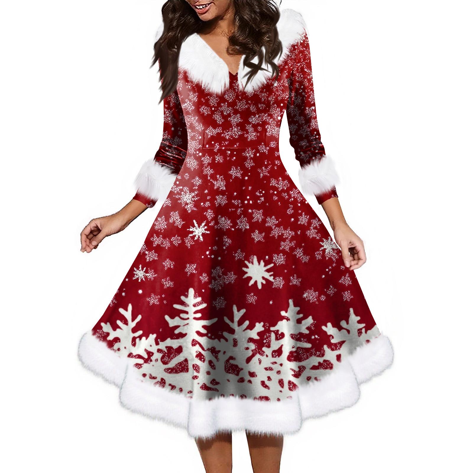 

Женское модное повседневное платье с v-образным вырезом и рождественским принтом для вечеринки с длинными рукавами M винный