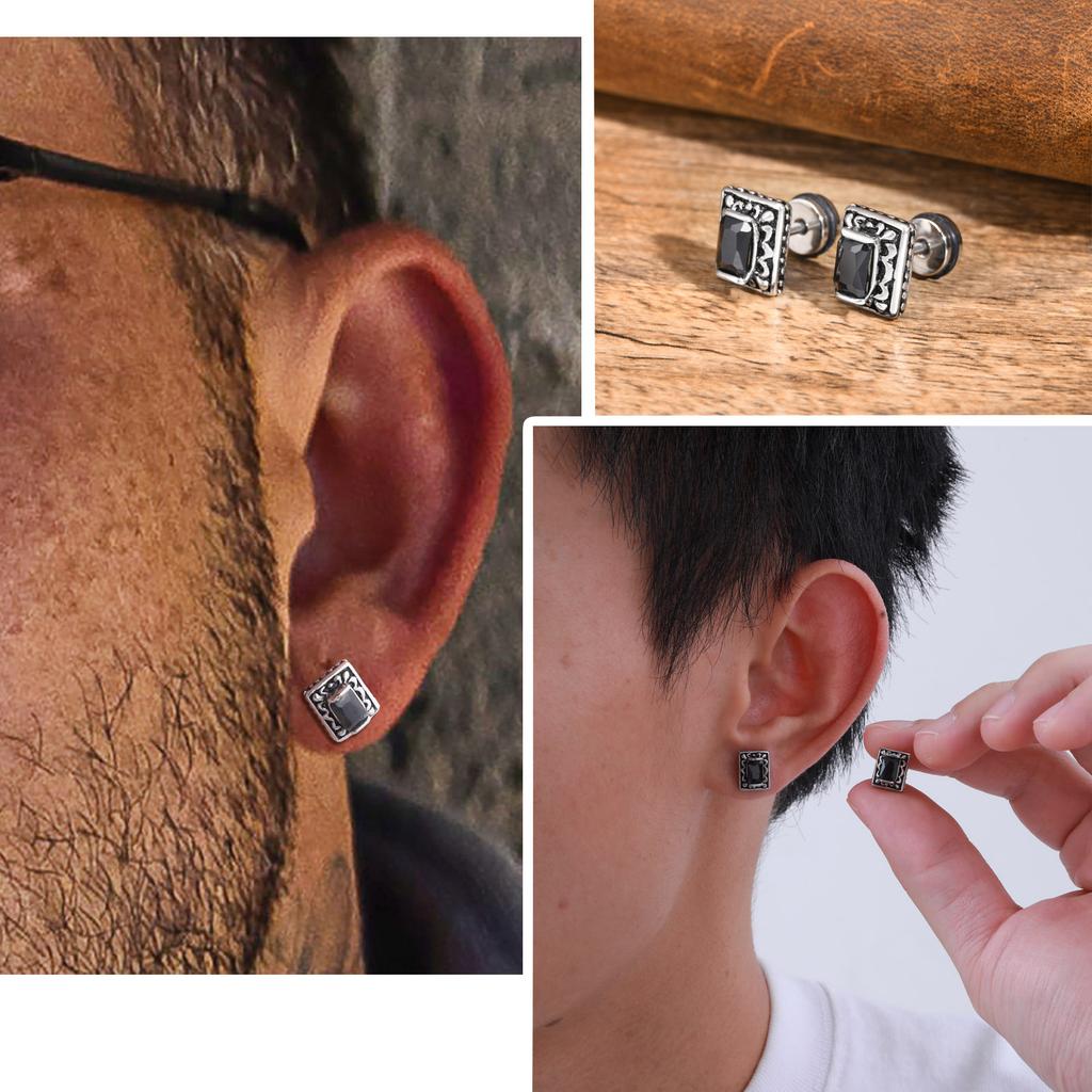 Male Fashion Simple Personality Ear Stud Trend Neutral Stainless Steel Earrings Men Retro Zircon Popular Versatile Ear Jewelry