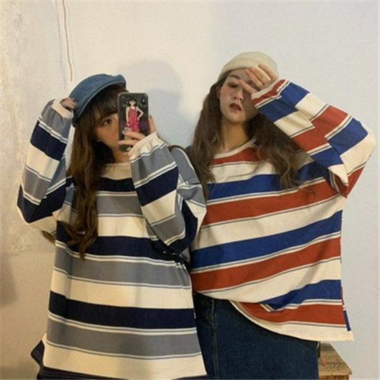 Autumn Korean Harajuku Striped Long-Sleeve T-Shirt: Retro, Loose, Unisex Style for Students