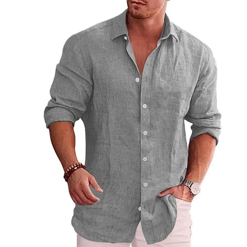 Camicia da uomo in lino a maniche lunghe con bottoni e colletto rovesciato, polsini arrotolabili, vestibilità ampia, casual, per uso quotidiano, all'aperto, da spiaggia