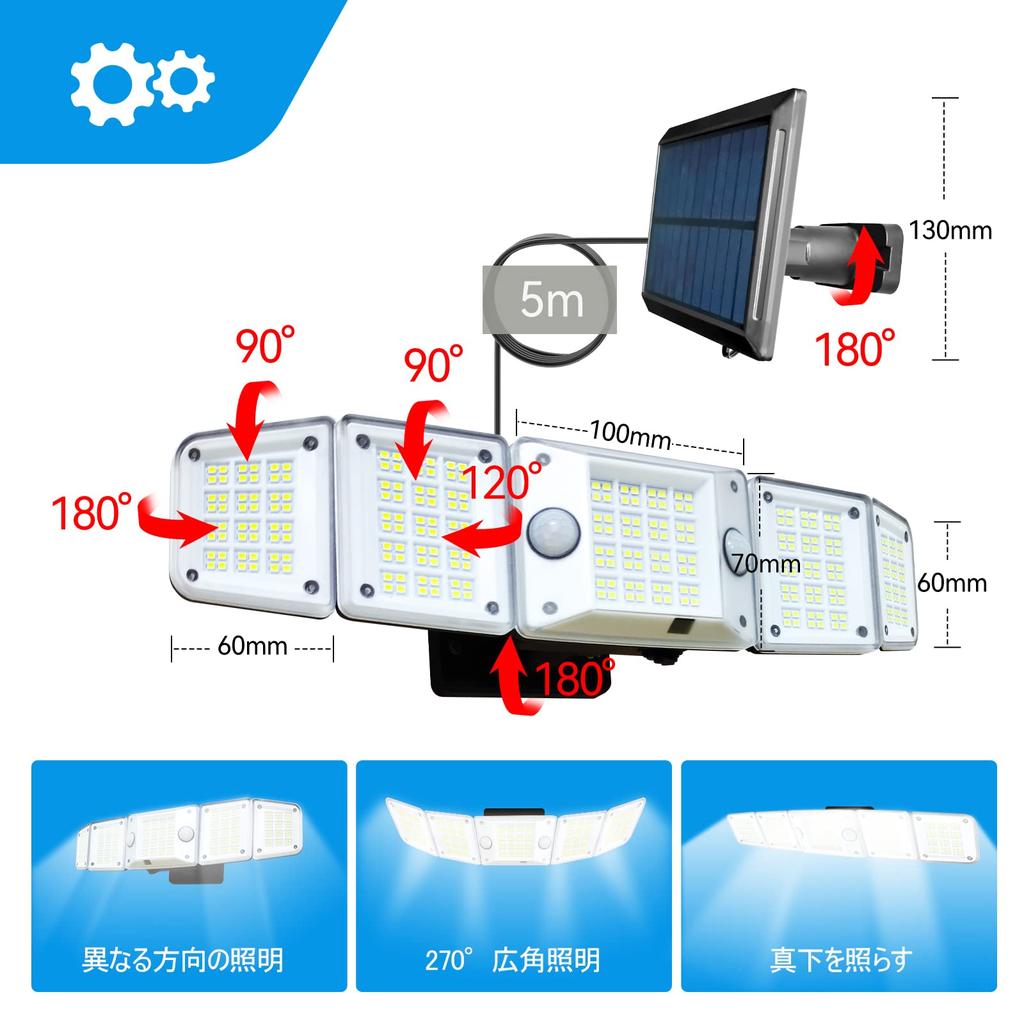 Wodoodporne zewnętrzne światło słoneczne z czujnikiem ruchu, 5 oddzielnych lamp, podwójny czujnik ruchu, duża pojemność 2000 mAh, wodoodporność IP65, przedłużacz 5m