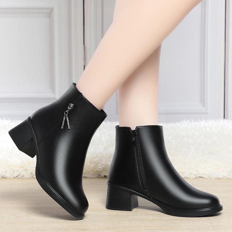 shoes autumn and winter cotton shoes new thick heel short boots women's velvet leather shoes soft leather soft sole fashion boots