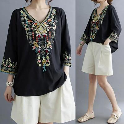 Tops Women Cotton Summer Large Size T-shirt V-Neck Loose Printed Casual Pullover T-shirt Top