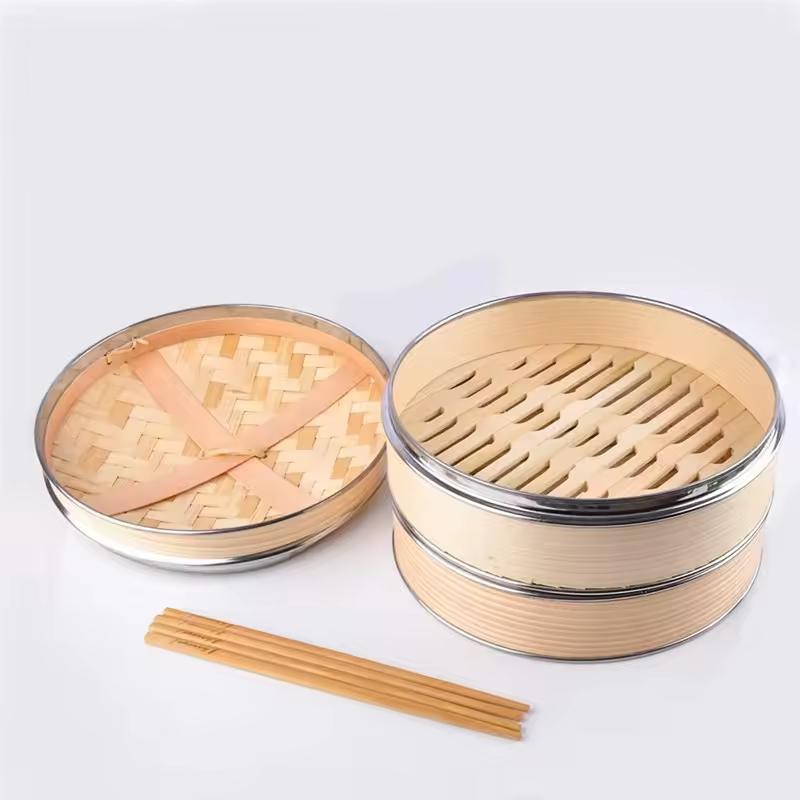 Bambus Eco-Friendly Chinese Bamboo Cooking Steamer with Pot Cover 2 Layers 1L Capacity for Household & Restaurant Use