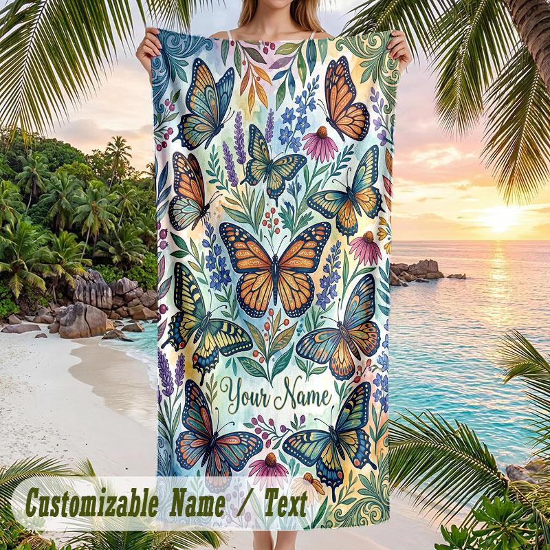 Butterflies Garden Theme Quick Dry Beach Towel Custom Name Text Print Large Sand Resistant Towel Beach Vacation