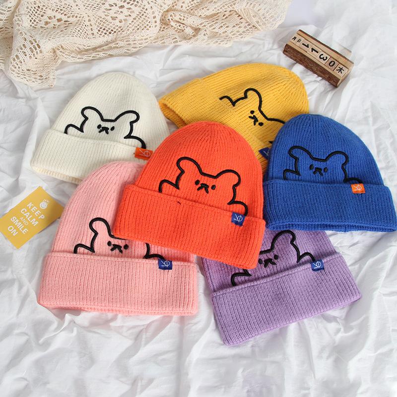 New cute bear embroidered wool hat women's autumn and winter warm ear protection cloth label knitted hat men's versatile women