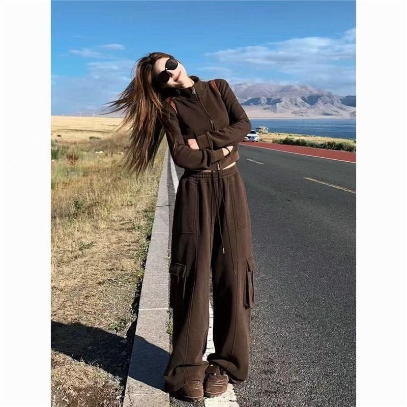 

Women 2-Piece Tracksuit Zip-Up Hoodie & Cargo Pants Casual Sportswear L кофейный
